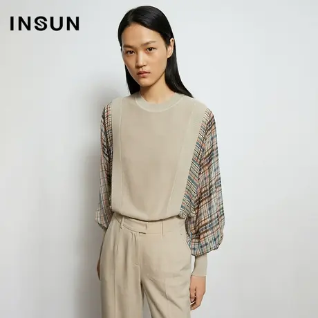 INSUN恩裳秋季格纹拼接假两件毛针织衫图片