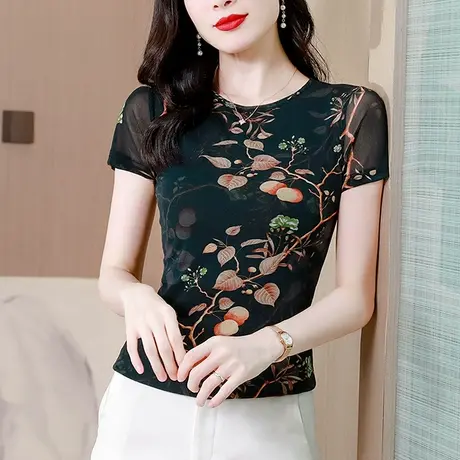 复古印花短袖上衣女士夏装性感圆领网纱小衫别致设计感修身T恤ins商品大图