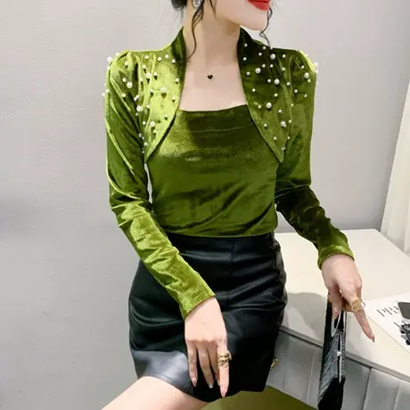 复古国风丝绒T恤女长袖时尚泡泡袖金典上衣气质减龄钉珠修身小衫图片