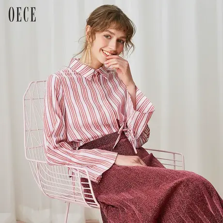 Oece春装新款女装 清新气质可人休闲显瘦翻领条纹衬衫商品大图