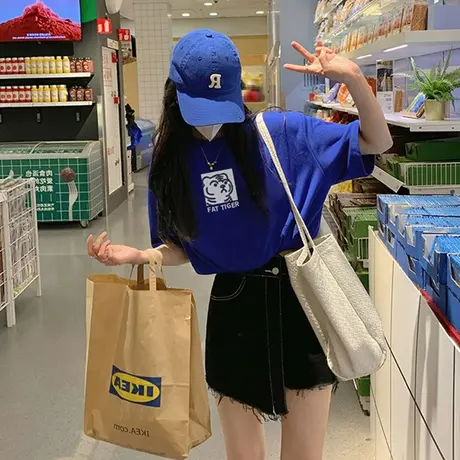 克莱因蓝短袖t恤女夏季2023年新款虎年设计感小众宽松半袖上衣ins图片