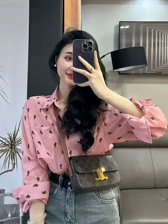 温柔风粉色仙人掌印花polo领衬衫女2023春季新款减龄休闲防晒上衣商品大图