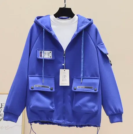 2023新款春秋韩版工装连帽卫衣女开衫时尚拉链小个子宽松休闲上衣商品大图