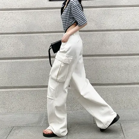 米白色高街美式工装裤子女春秋新款宽松显瘦小众直筒阔腿牛仔裤商品大图