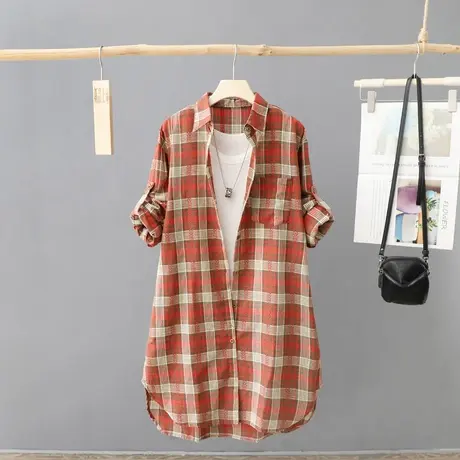 简约经典格子衬衫女长袖秋装2024年新款中长款外套衬衣薄开衫上衣图片