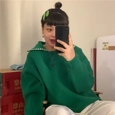红续日系复古小众设计感绿色Polo领毛衣女秋冬季慵懒风宽松针织衫图片