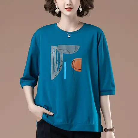 七分袖t恤女春秋新款加肥加大码女装宽松百搭纯棉印花显瘦打底衫商品大图