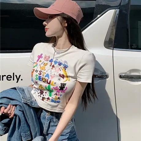 涂鸦印花短袖t恤女夏季2025年新款设计感小众修身辣妹短款上衣ins商品大图