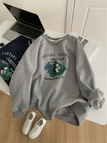 卡通复古加绒圆领卫衣女秋冬宽松休闲百搭加厚保暖插件袖套头上衣图片