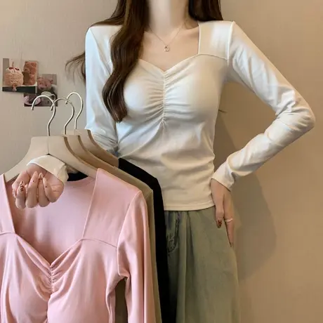 甜飒风短款正肩长袖T恤女秋冬韩版修身内搭打底小衫辣妹紧身上衣图片