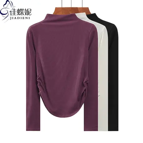 秋冬新款半高领修身褶皱纯欲螺纹纯棉纯色长袖体恤上衣女打底衫商品大图