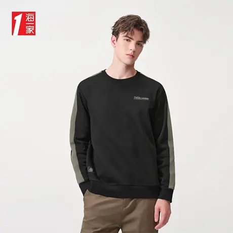 海一家字母绣花时尚拼色套头衫2023冬季新款加绒休闲保暖卫衣男商品大图