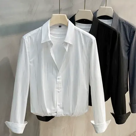 春秋季高级感流星条纹衬衫男士长袖商务休闲衬衣正装修身免烫寸衫图片