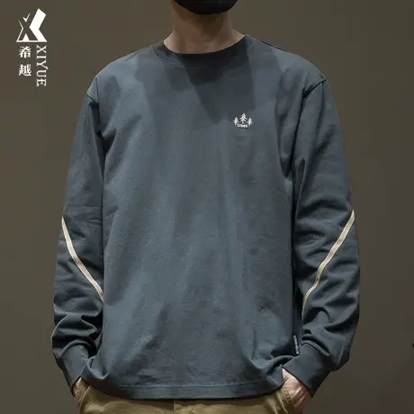 希越纯棉圆领复古T恤男春秋宽松大码休闲百搭印花刺绣内搭打底衫商品大图