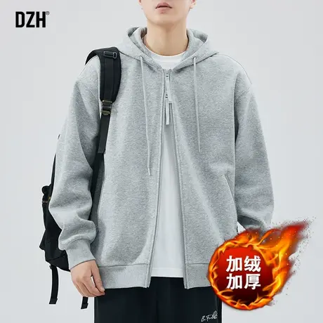 男士灰色开衫卫衣男冬季加绒加厚休闲运动外套男款连帽美式连帽衫商品大图