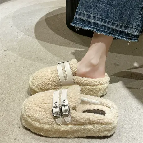 爆款时尚厚底包头半拖女外穿2023年新款ins潮棉拖冬季孕妇毛毛鞋商品大图