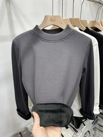 欧货一体绒2023冬季新款半高领纯色简约加绒T恤女内搭打底衫上衣商品大图