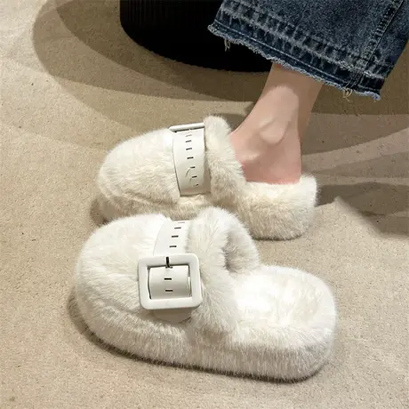 包头半拖鞋女外穿2023年秋冬季新款百搭高跟棉拖爆款厚底毛毛鞋潮商品大图