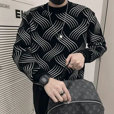 圆领毛衣男秋冬2023新款时尚轻熟条纹打底针织衫潮牌个性加厚线衣商品大图