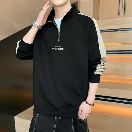 立领卫衣男春秋季新款半拉链长袖内搭上衣服宽松潮流拼色休闲外套图片