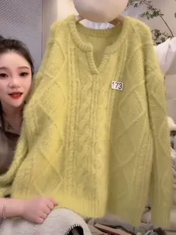慵懒风黄色高级感厚毛衣女冬季2023新款韩版针织麻花V领百搭上衣商品大图