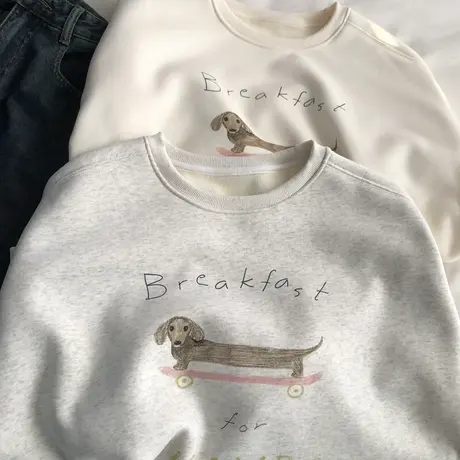 腊肠狗可爱印花加绒加厚卫衣女韩版宽松圆领套头衫保暖外套上衣服商品大图