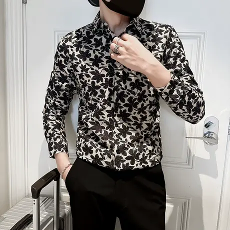 春秋季个性高级感碎花衬衫男长袖痞帅修身衬衣发型师潮流花色上衣图片