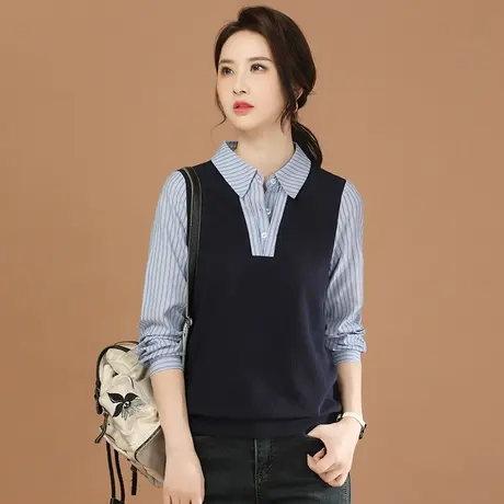 韩潮袭人洋气拼接假两件长袖卫衣女2024春新款休闲百搭条纹上衣商品大图