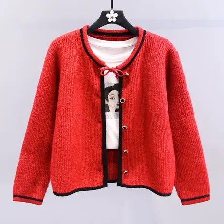 小香风新年本命年红色蝴蝶结毛衣外套女冬季2024新款洋气针织开衫图片