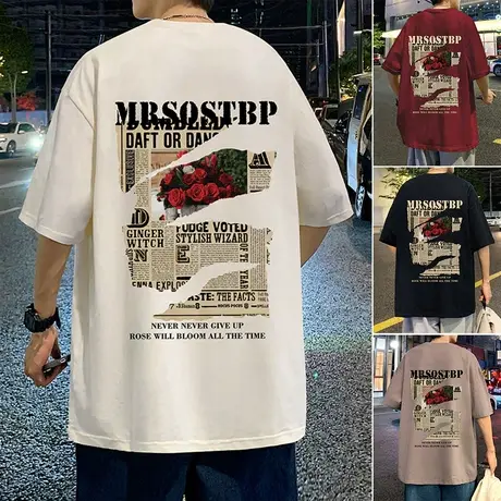 玫瑰印花短袖T恤男夏季2024新款宽松美式潮牌情侣半袖纯棉体恤衫商品大图