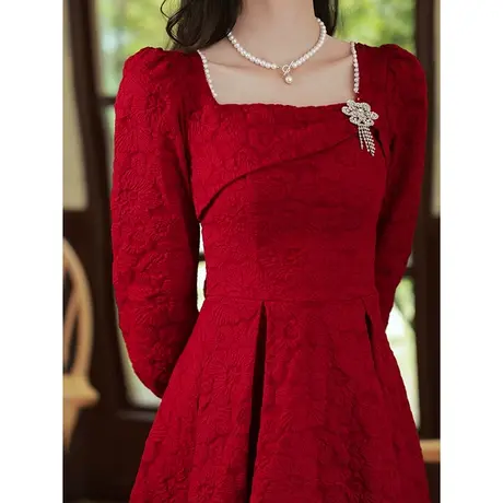 长袖敬酒服新娘2023新款秋冬季小个子订婚礼服连衣裙回门钉珠方领商品大图