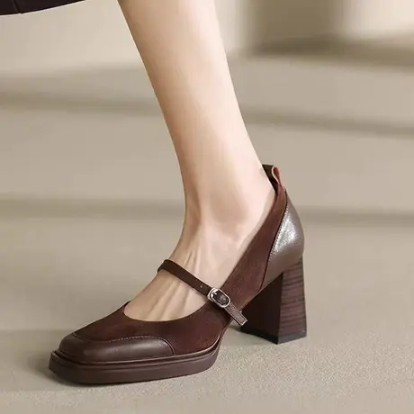 气质一字带单鞋高跟鞋2024年春季新款显瘦粗跟性感浅口玛丽珍鞋女商品大图