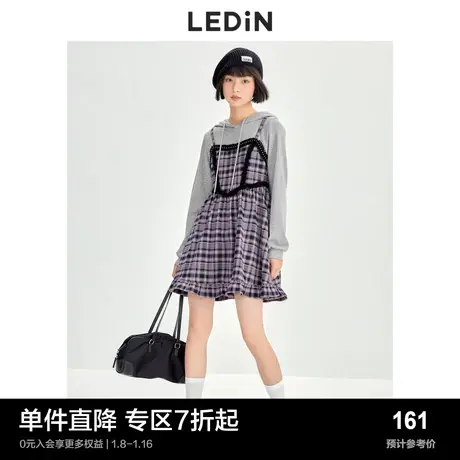 乐町格纹假两件连衣裙春季小个子复古风拼接卫衣裙裙子商品大图