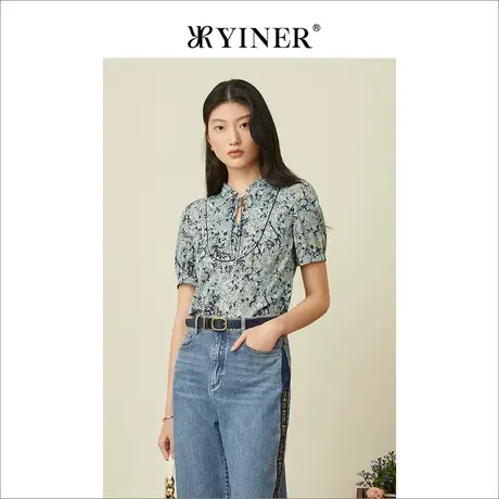 YINER音儿女装2022夏季短袖蝴蝶结衬衫桑蚕丝衬衣商品大图