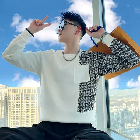 春季圆领卫衣男2024新款个性拼接设计感长袖上衣外套潮牌打底T恤商品大图