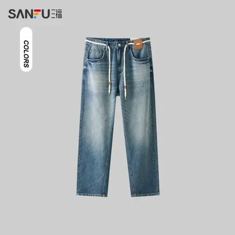 三福2024夏季男士合身印花牛仔裤 时尚通勤新锥形长裤男483253图片