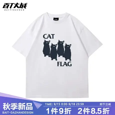 复古潮牌vintage韩版小黑猫短袖圆领ins风情侣装宽松纯棉男女T恤商品大图