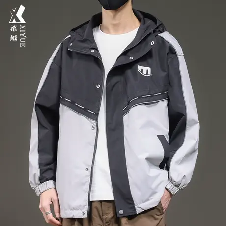 希越潮牌反光条拼接夹克男2024春季新款宽松大码男士连帽工装外套商品大图