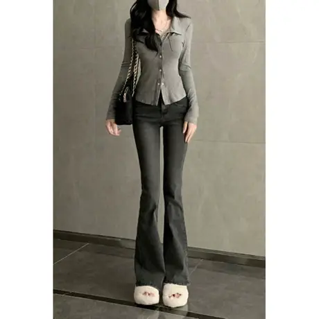 美式复古微喇牛仔裤女秋冬2023高腰显瘦窄版阔腿裤拖地直筒裤子春图片