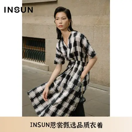 INSUN恩裳夏季醋酸大格纹易打理连衣裙图片