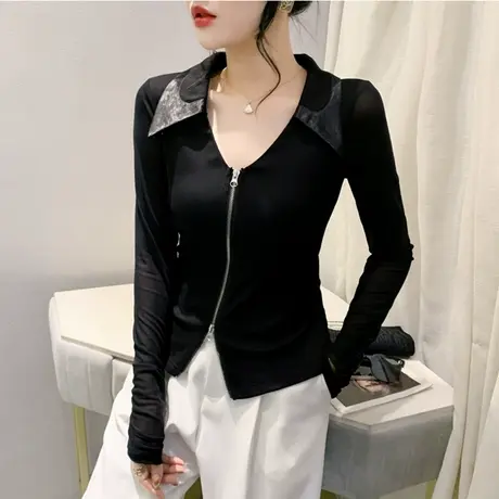 性感镂空V领网纱长袖小众设计感洋气上衣显瘦百搭双头拉链开衫潮图片