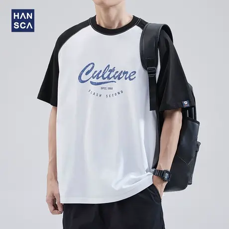 hansca 重磅圆领短袖t恤男夏季潮牌撞色休闲美式插肩袖纯棉打底衫商品大图