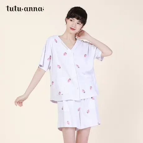 tutuanna春夏睡衣女家居服公主风针织草莓满印V领前扣短裤套装女图片