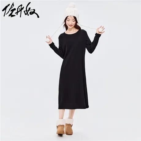 佐丹奴裙子女装纯色坑条圆领长袖连衣裙 13462681图片