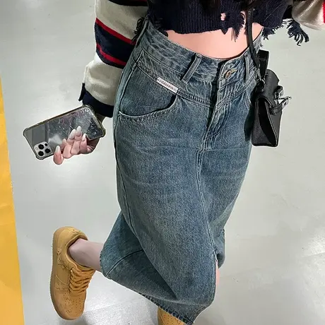 复古开叉牛仔半身裙女春夏新款高腰直筒宽松a字中长半裙包臀裙子图片
