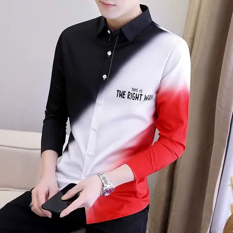 发型师潮牌渐变色衬衫春季男士修身潮流帅气上衣网红韩版长袖衬衣商品大图