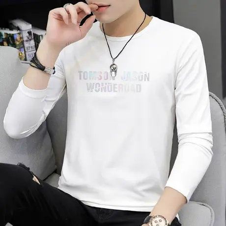 莫代尔秋季长袖t恤男潮流打底衫男装秋衣服内搭卫衣白色印花小衫商品大图