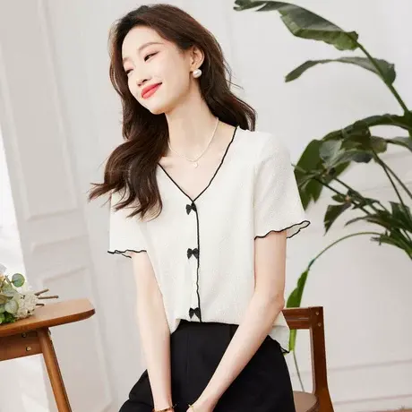 时尚气质V领短袖T恤2023年夏季新款淑女温柔显瘦通勤百搭上衣商品大图