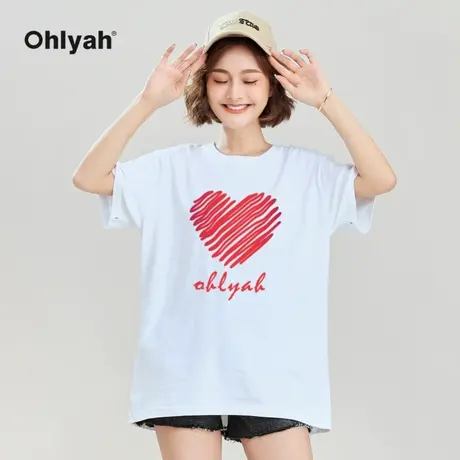 Ohlyah品牌 纯棉t恤女宽松百搭短袖心形爱心图案印花工作班服定制图片