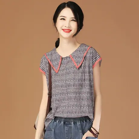 韩潮袭人法式海军领格子短袖女士衬衫2023夏装新款雪纺上衣衬衣薄商品大图